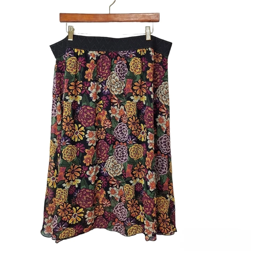 LuLaRoe Womens Lola Pull On Lined Midi Skirt 3XL‎ Black Purple Green Floral New